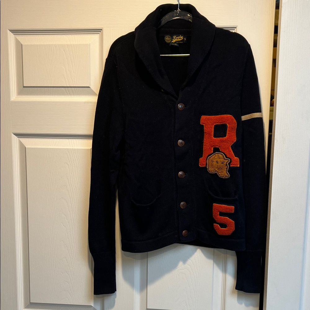 Rugby Navy Letterman shawl collar Cardigan with Texas orange Patches